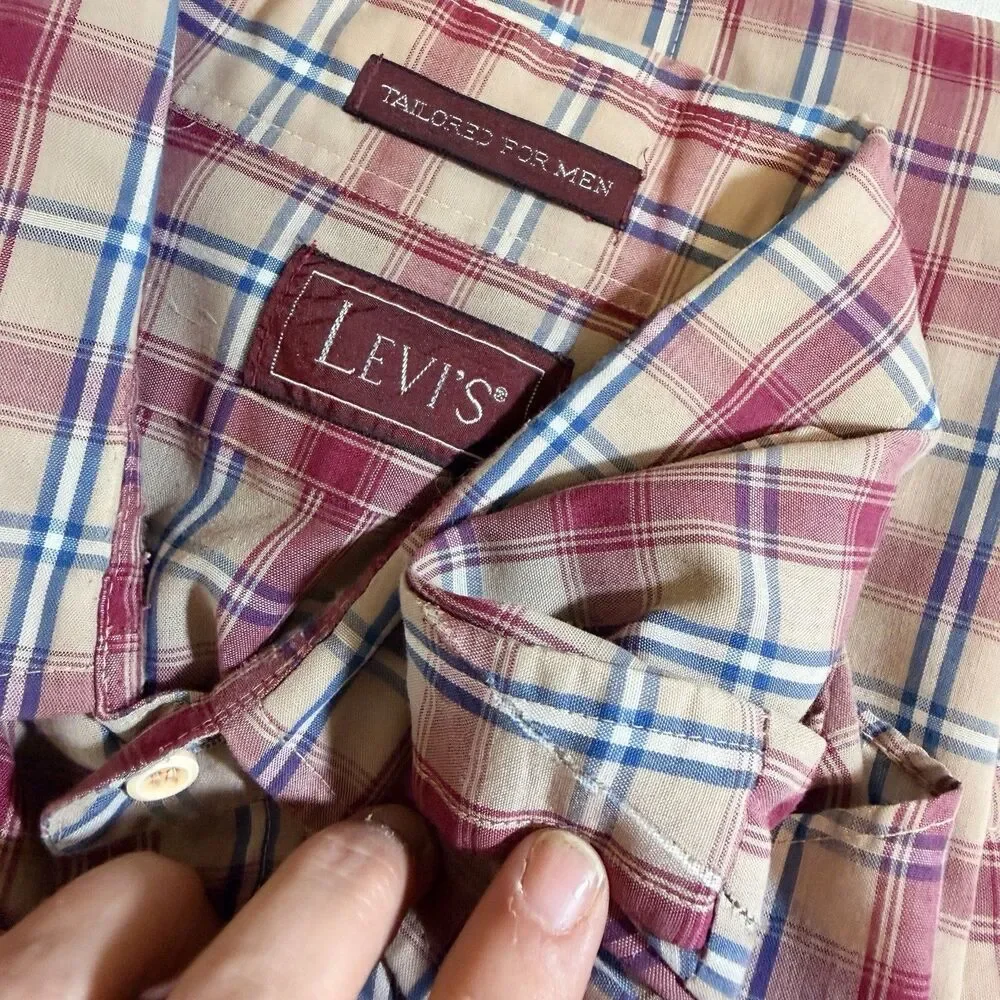 Levis Mens Shirt XL Brown Plaid 80s Button Up Tabs Korea TEAR SEE PICS Vintage